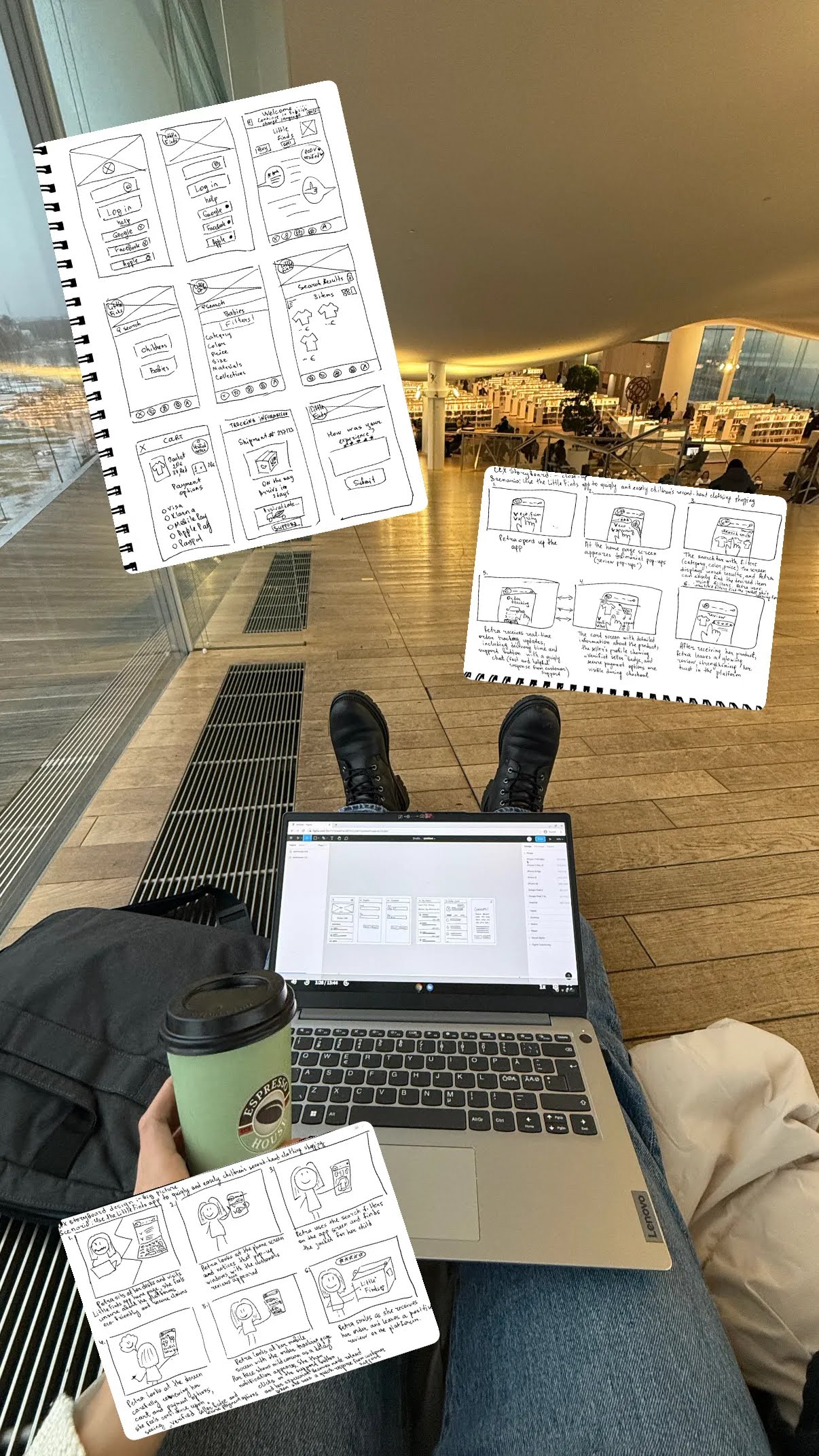 UX/UI sketches and a laptop on a desk