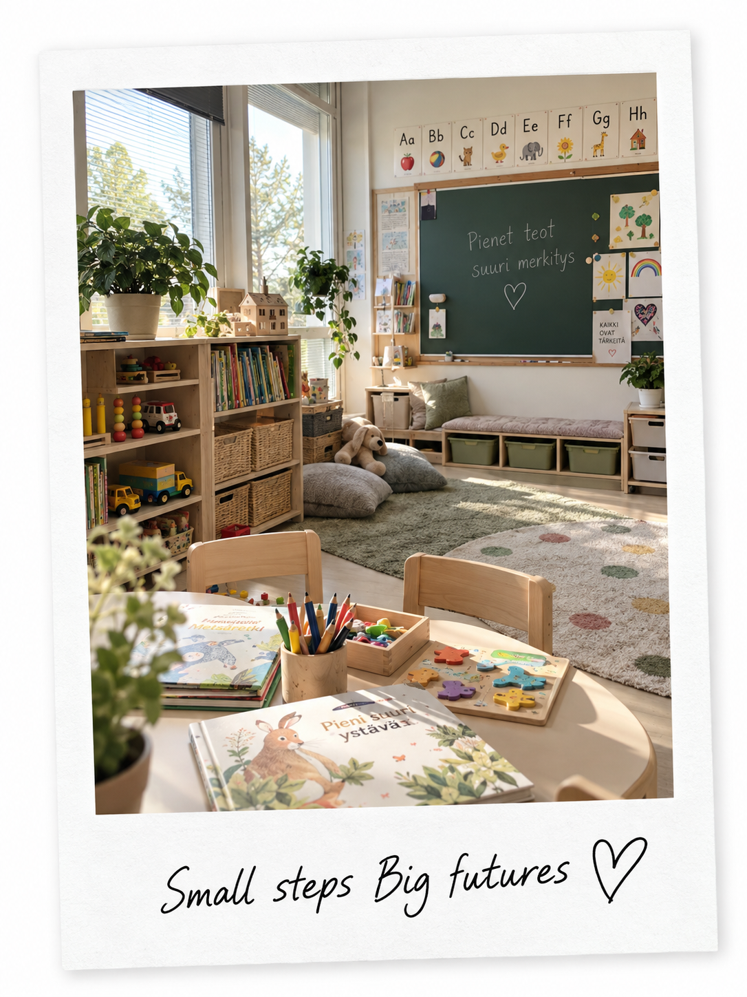 An early childhood classroom with play and learning spaces