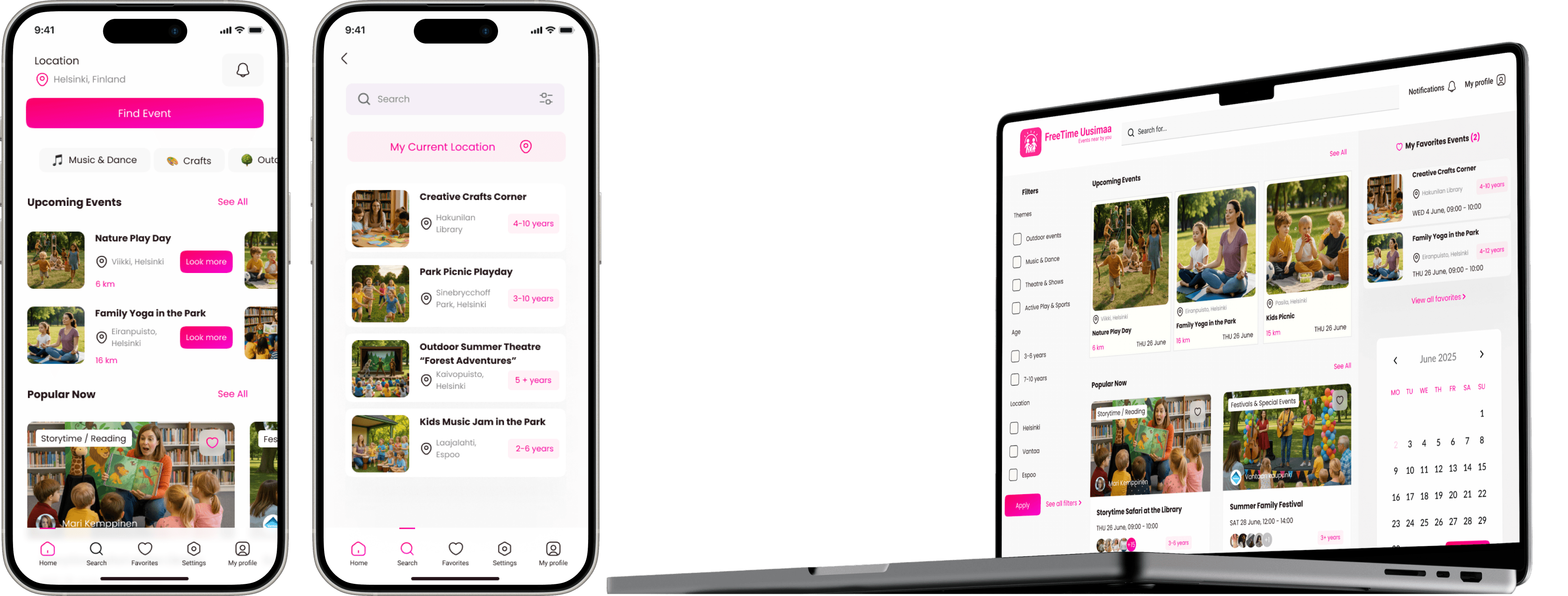 FreeTime Uusimaa mobile and desktop interface designs